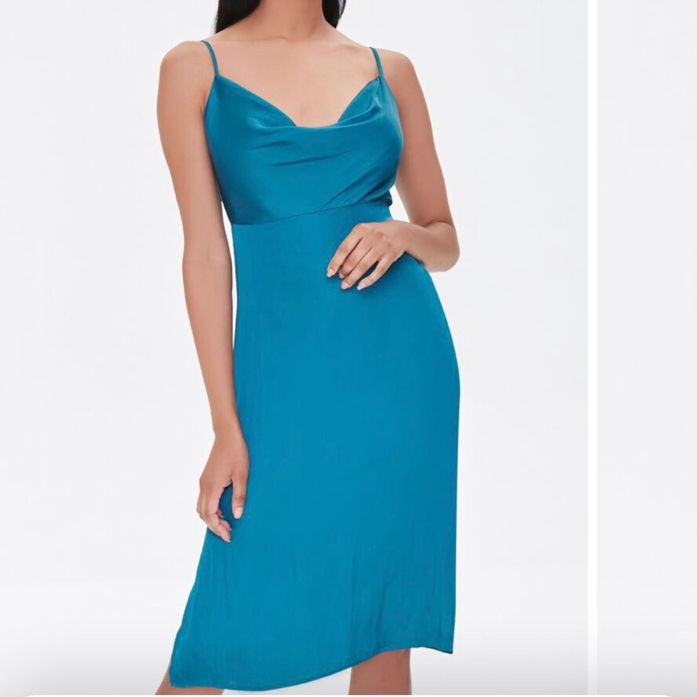 NWOT Forever21 XS Satin Crowl-Neck Midi Dress Teal Cami Slip Blue